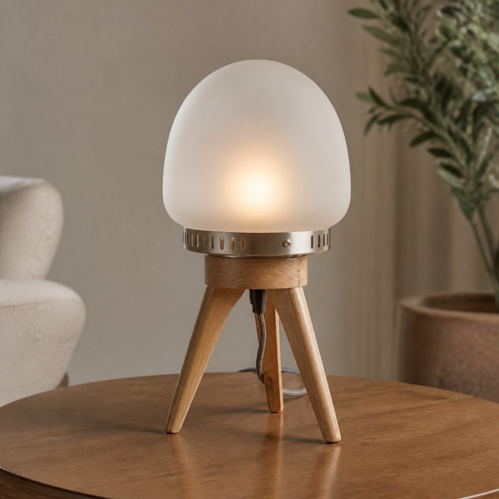 Beech Tripod Glass-Dome Lamp shown as a square photorealistic original wood and glass lamp with warm LED light, visible real wood grain, and physically plausible support