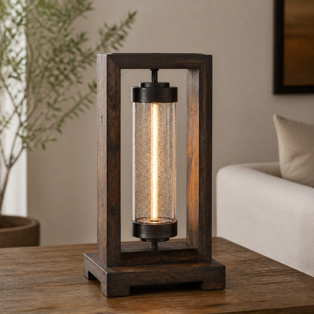 Dark-Oak Seeded-Glass Lantern shown as a square photorealistic original wood and glass lamp with warm LED light, visible real wood grain, and physically plausible support