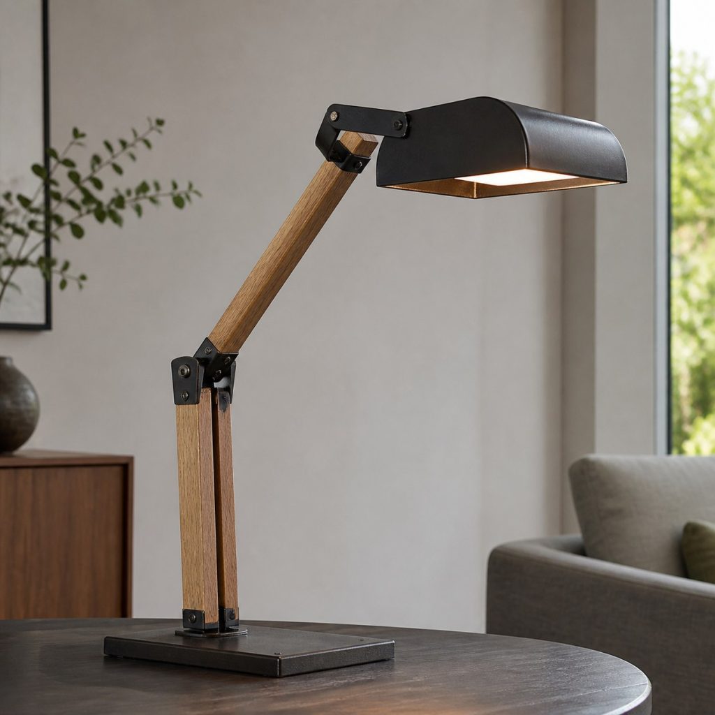 White-Oak and Black-Steel Task Lamp shown as a square photorealistic original wood and metal lamp with warm LED light, visible real wood grain, and physically plausible support