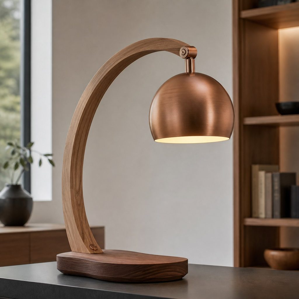 Ash and Copper Arch Lamp shown as a square photorealistic original wood and metal lamp with warm LED light, visible real wood grain, and physically plausible support