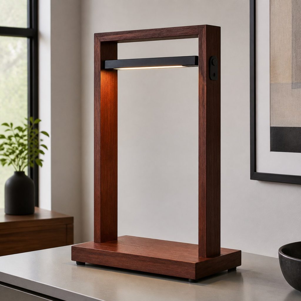 Cherry and Matte-Black Frame Lamp shown as a square photorealistic original wood and metal lamp with warm LED light, visible real wood grain, and physically plausible support
