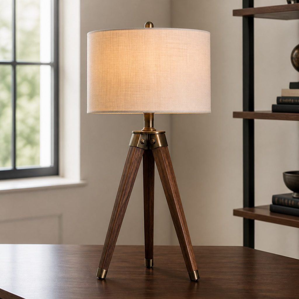 Walnut and Bronze Tripod Lamp shown as a square photorealistic original wood and metal lamp with warm LED light, visible real wood grain, and physically plausible support