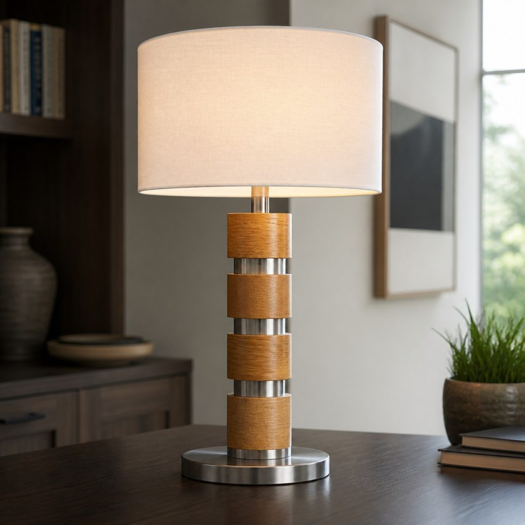 Oak and Stainless-Steel Column Lamp shown as a square photorealistic original wood and metal lamp with warm LED light, visible real wood grain, and physically plausible support