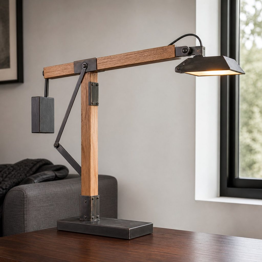 Maple and Dark-Steel Cantilever Lamp shown as a square photorealistic original wood and metal lamp with warm LED light, visible real wood grain, and physically plausible support