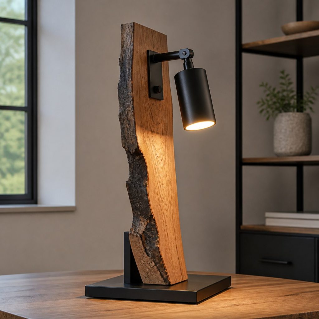 Live-Edge Ash and Black-Metal Lamp shown as a square photorealistic original wood and metal lamp with warm LED light, visible real wood grain, and physically plausible support