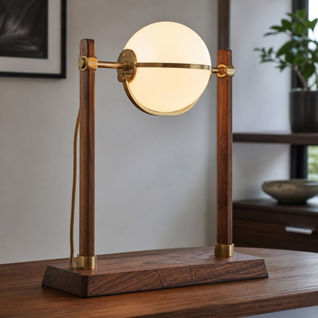 Walnut and Brass Globe Lamp shown as a square photorealistic original wood and metal lamp with warm LED light, visible real wood grain, and physically plausible support
