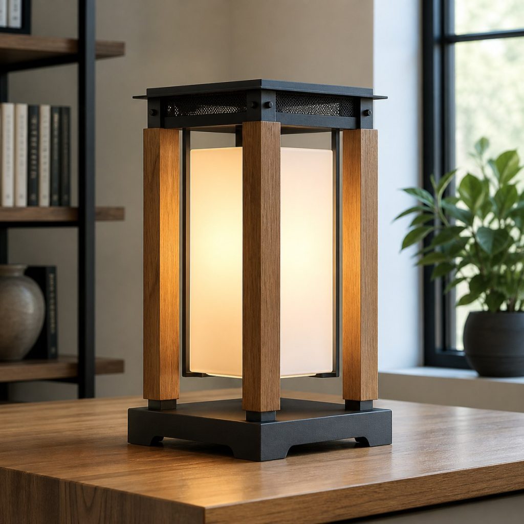 Oak and Blackened-Steel Lantern shown as a square photorealistic original wood and metal lamp with warm LED light, visible real wood grain, and physically plausible support