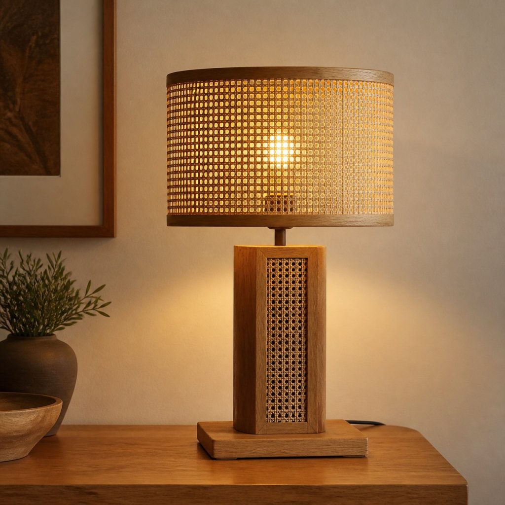 Oak and Rattan Table Lamp shown as an original square photorealistic wood and natural rattan lamp with authentic wood texture, warm diffused light, and a short dark power cord