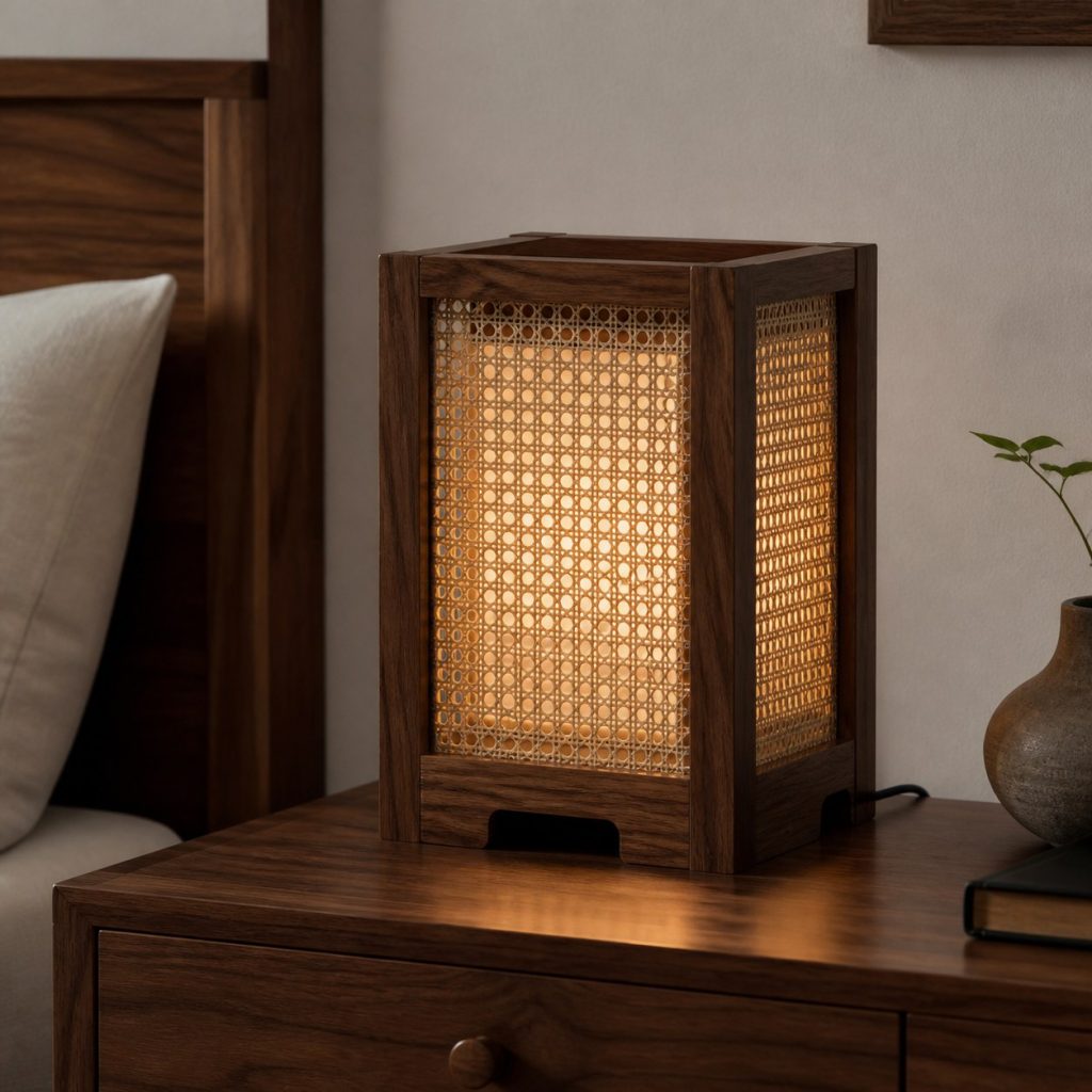Walnut and Cane Bedside Lamp shown as an original square photorealistic wood and natural rattan lamp with authentic wood texture, warm diffused light, and a short dark power cord