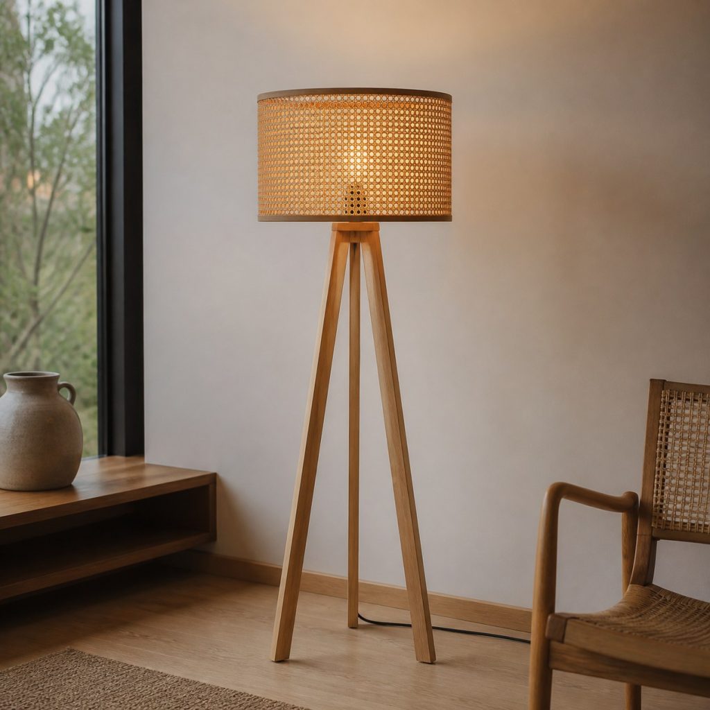 Ash and Rattan Tripod Lamp shown as an original square photorealistic wood and natural rattan lamp with authentic wood texture, warm diffused light, and a short dark power cord