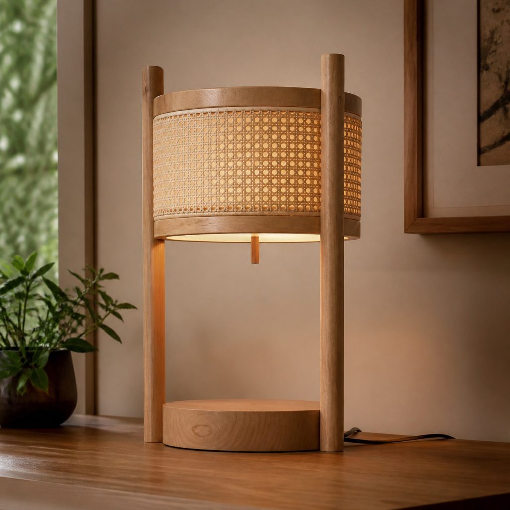 Maple and Cane Desk Lamp shown as an original square photorealistic wood and natural rattan lamp with authentic wood texture, warm diffused light, and a short dark power cord