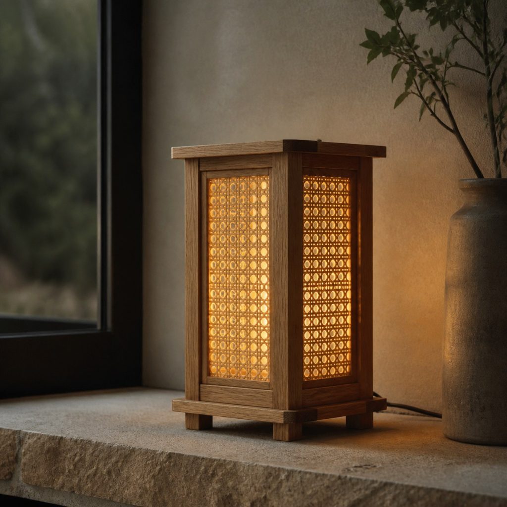Oak and Rattan Lantern shown as an original square photorealistic wood and natural rattan lamp with authentic wood texture, warm diffused light, and a short dark power cord