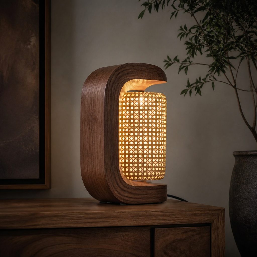 Curved Walnut and Cane Lamp shown as an original square photorealistic wood and natural rattan lamp with authentic wood texture, warm diffused light, and a short dark power cord