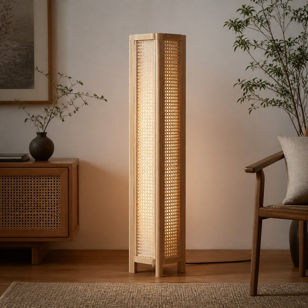 Ash Rattan Column Lamp shown as an original square photorealistic wood and natural rattan lamp with authentic wood texture, warm diffused light, and a short dark power cord