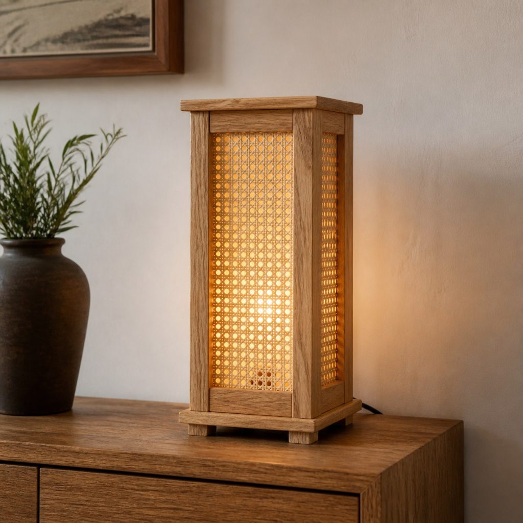 Minimal Oak Cane Console Lamp shown as an original square photorealistic wood and natural rattan lamp with authentic wood texture, warm diffused light, and a short dark power cord