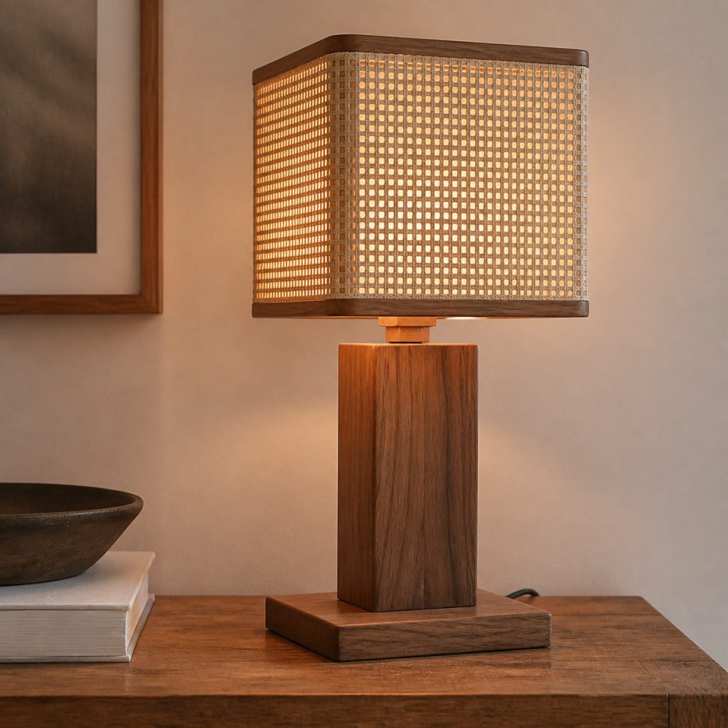 Wood and Rattan Reading Lamp shown as an original square photorealistic wood and natural rattan lamp with authentic wood texture, warm diffused light, and a short dark power cord