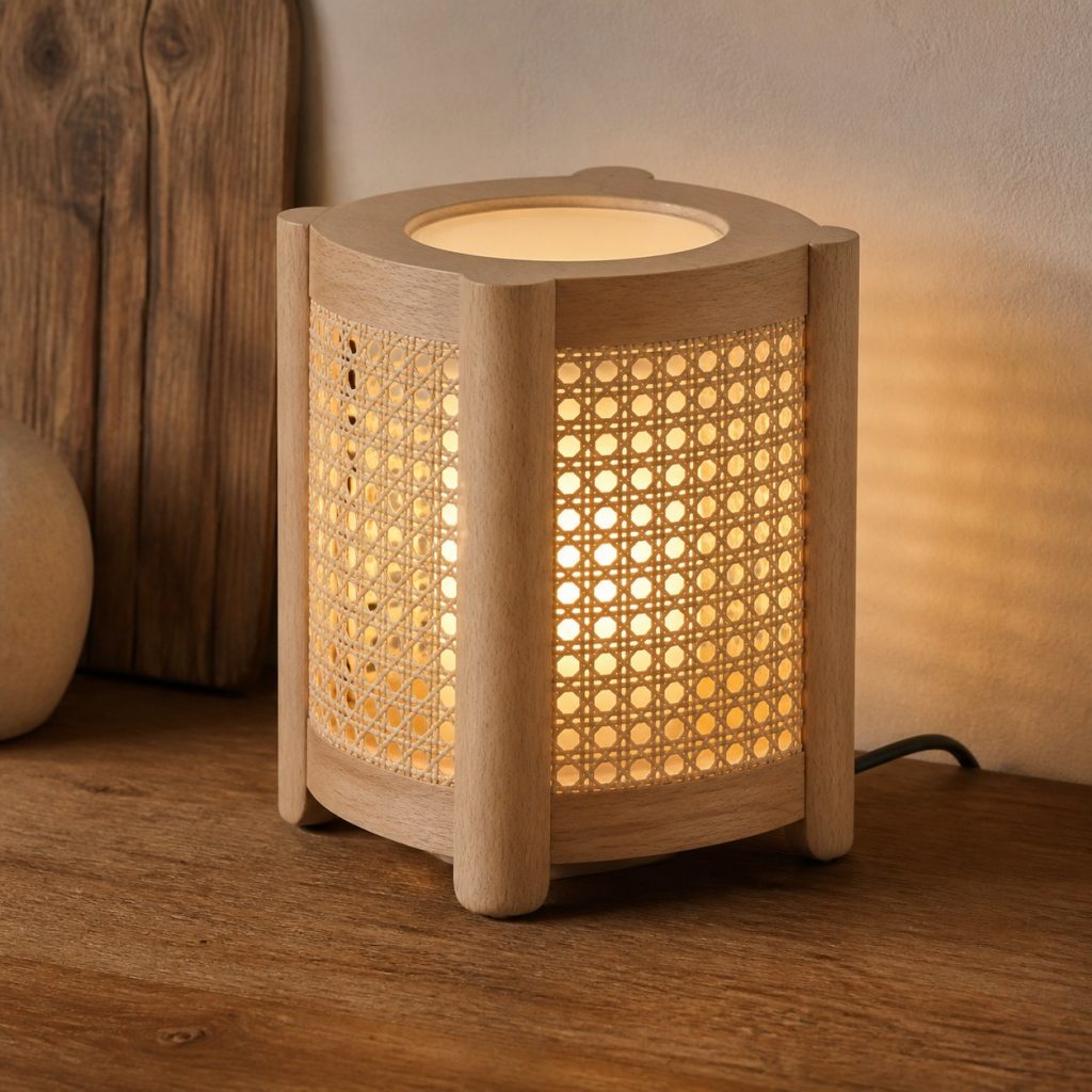 Compact Beech and Cane Lamp shown as an original square photorealistic wood and natural rattan lamp with authentic wood texture, warm diffused light, and a short dark power cord