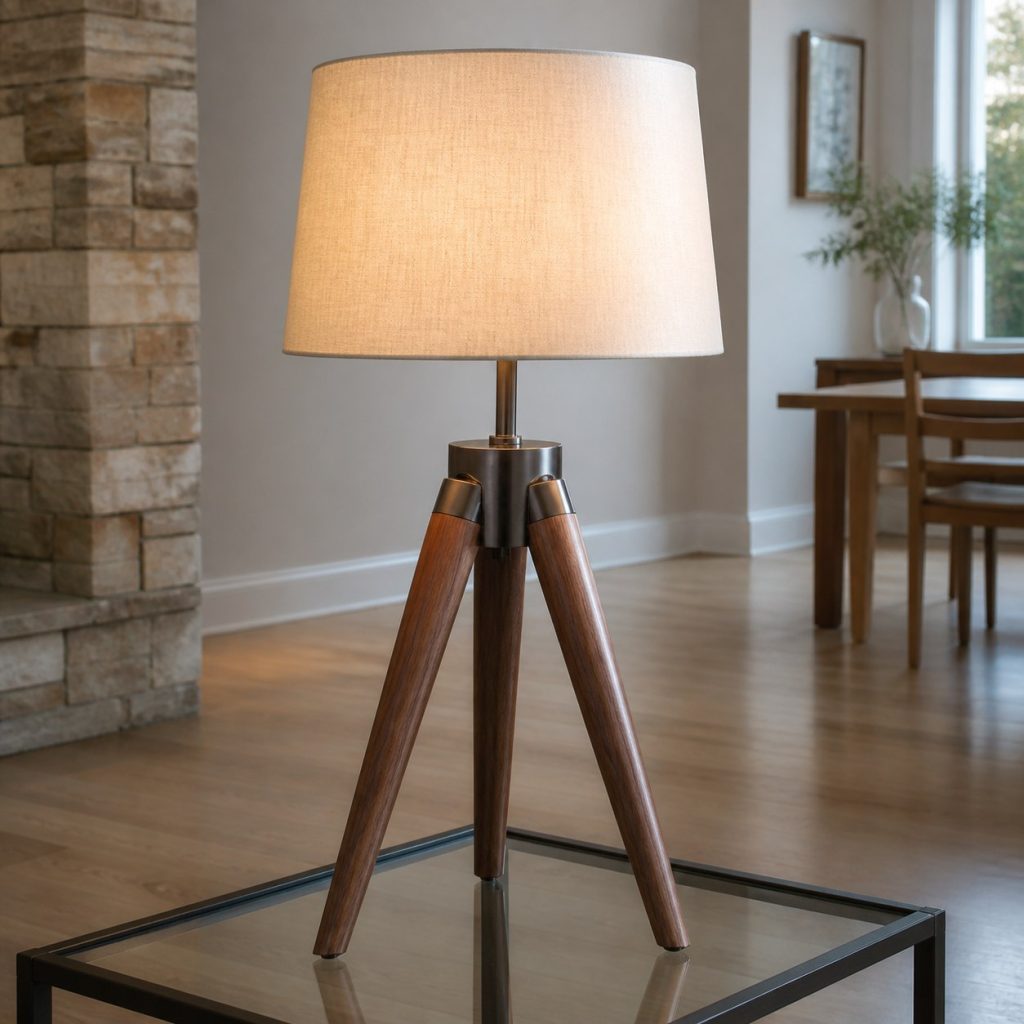 Walnut Dowel Tripod Lamp shown as an original square photorealistic wood dowel lamp with real wood grain, warm LED light, and physically plausible support