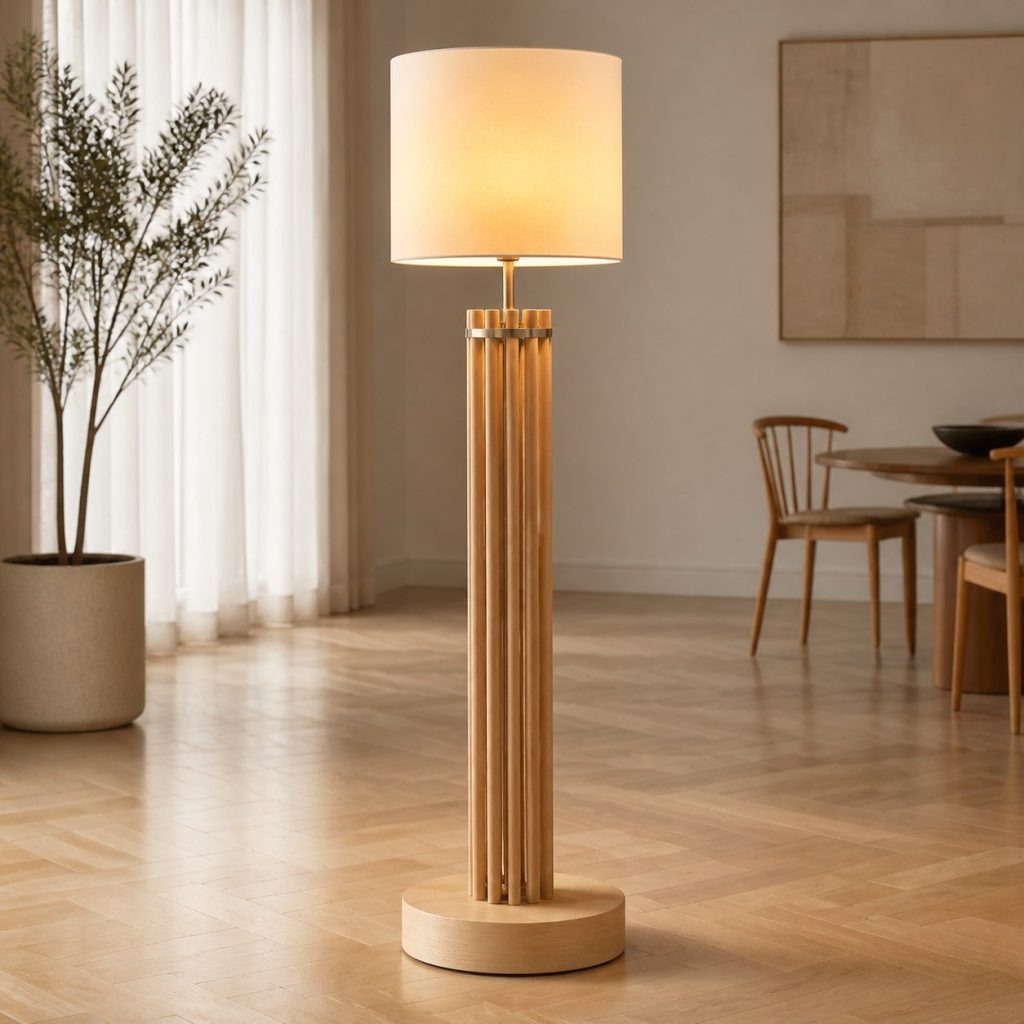 Maple Dowel Cluster Lamp shown as an original square photorealistic wood dowel lamp with real wood grain, warm LED light, and physically plausible support