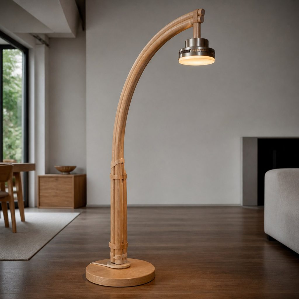 Ash Dowel Arch Lamp shown as an original square photorealistic wood dowel lamp with real wood grain, warm LED light, and physically plausible support