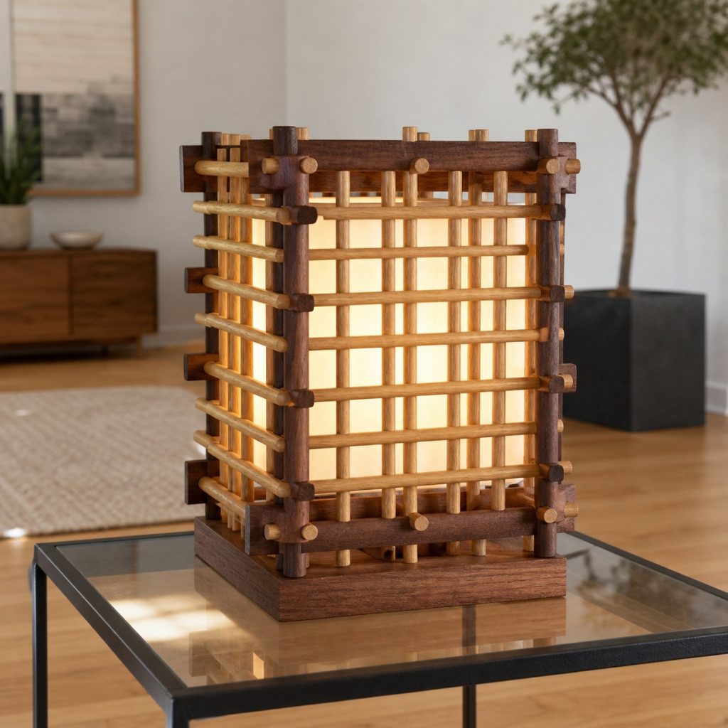 Two-Tone Dowel Lattice Lamp shown as an original square photorealistic wood dowel lamp with real wood grain, warm LED light, and physically plausible support