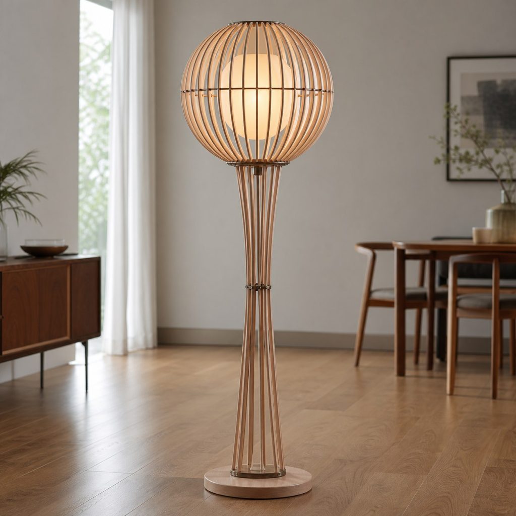 Beech Dowel-Cage Globe Lamp shown as an original square photorealistic wood dowel lamp with real wood grain, warm LED light, and physically plausible support