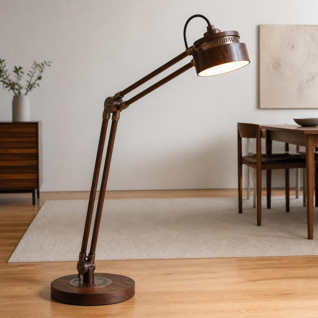 Dark-Oak Dowel Task Lamp shown as an original square photorealistic wood dowel lamp with real wood grain, warm LED light, and physically plausible support