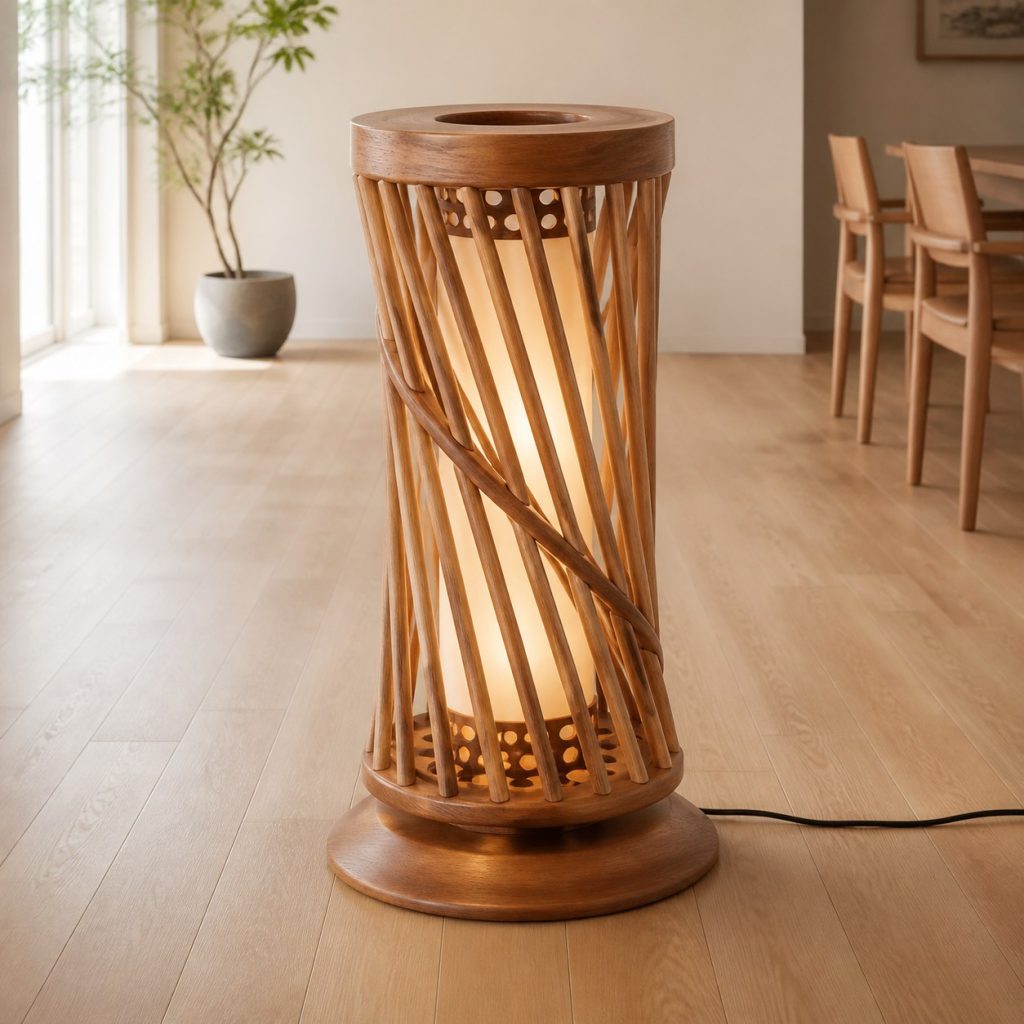 Cherry Dowel Spiral Lantern shown as an original square photorealistic wood dowel lamp with real wood grain, warm LED light, and physically plausible support