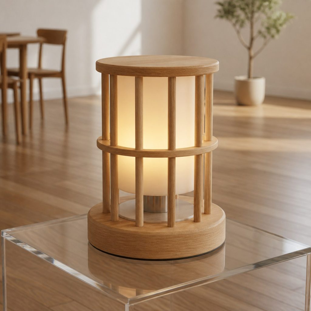 Low Ash Dowel Bedside Lantern shown as an original square photorealistic wood dowel lamp with real wood grain, warm LED light, and physically plausible support