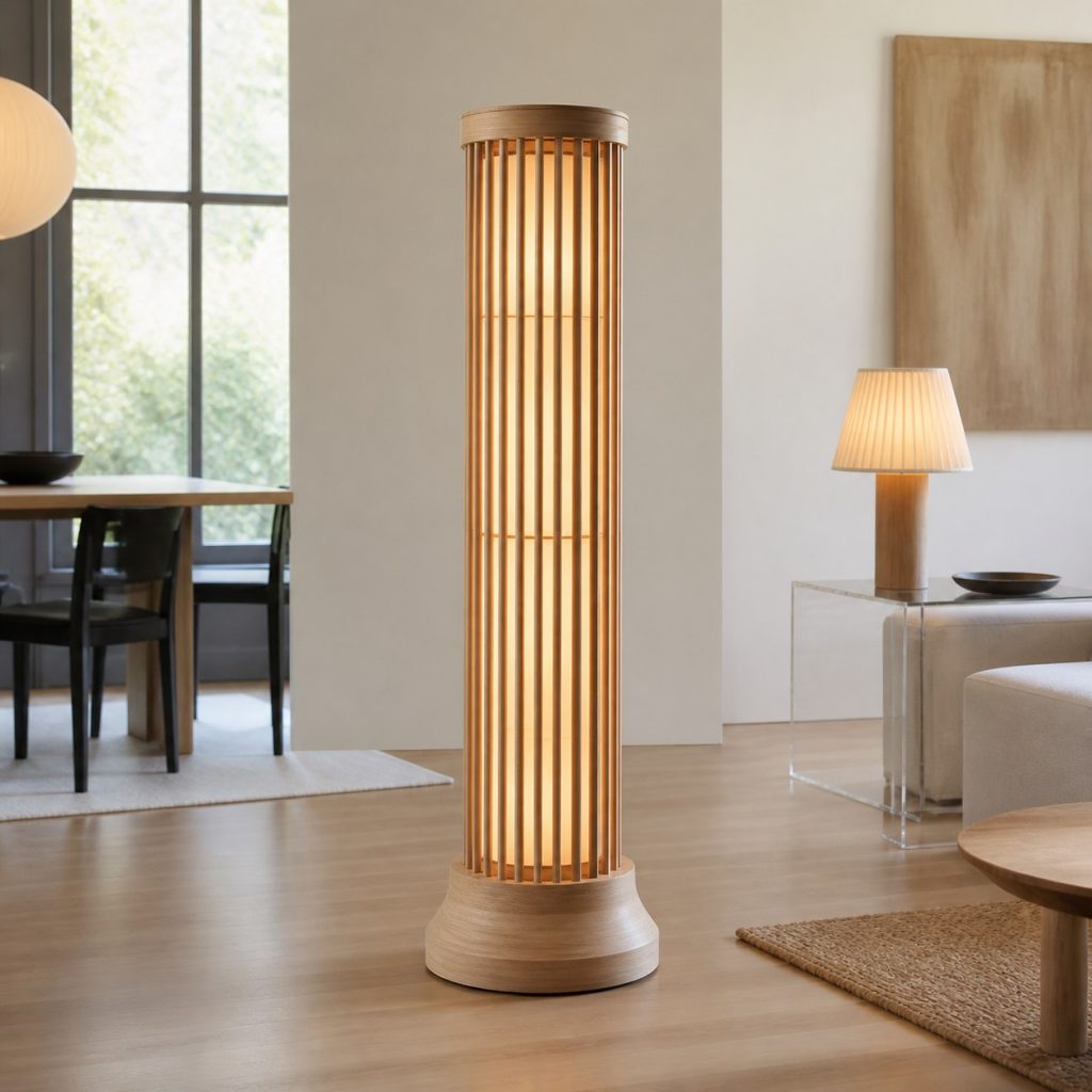 Tall White-Oak Dowel Floor Lantern shown as an original square photorealistic wood dowel lamp with real wood grain, warm LED light, and physically plausible support
