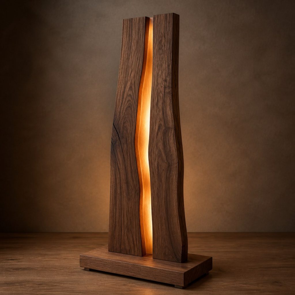 Vertical Walnut Light-Seam Slab Lamp shown as an original square photorealistic wood slab lamp dominated by real timber grain and warm diffused LED light