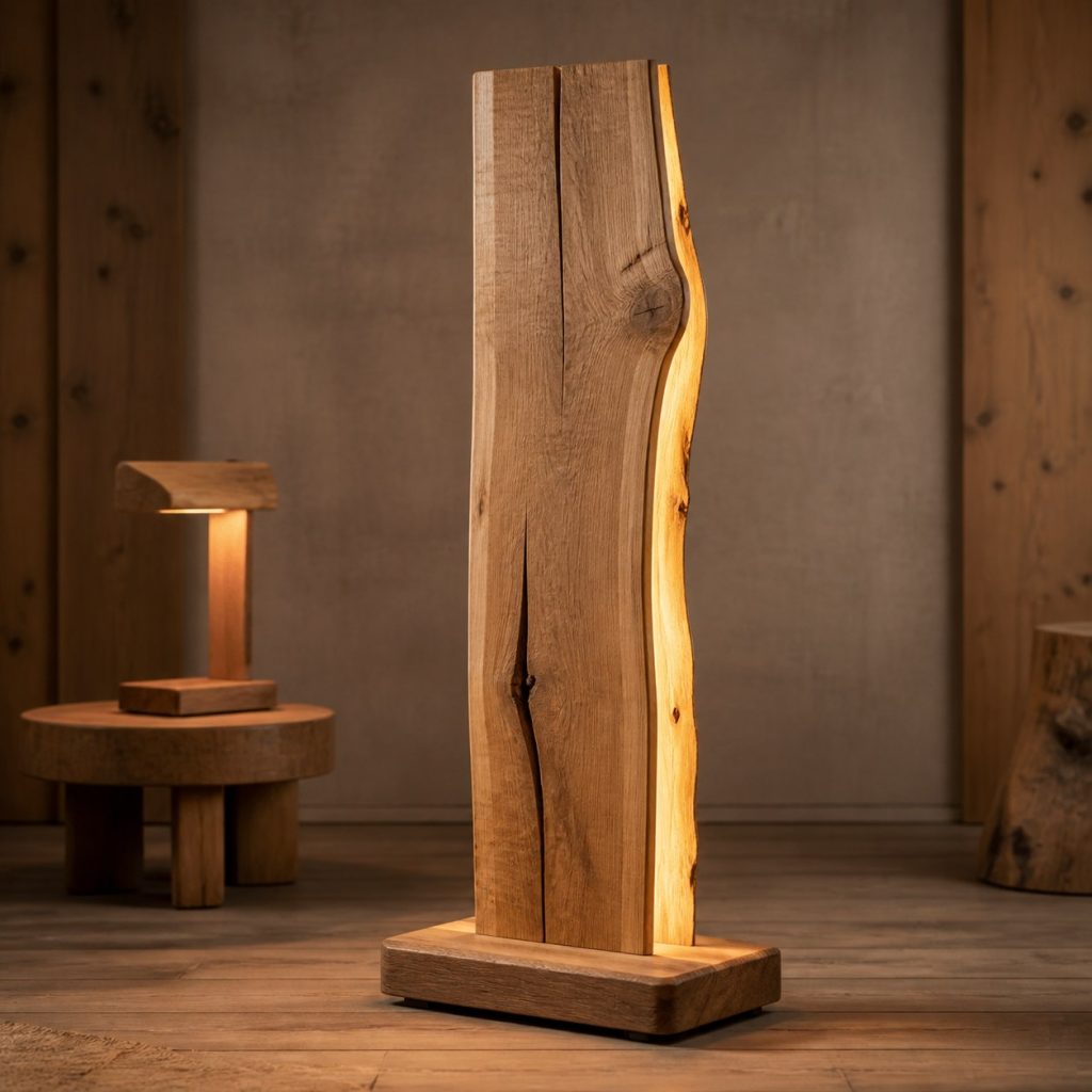 White-Oak Natural-Edge Floor Lamp shown as an original square photorealistic wood slab lamp dominated by real timber grain and warm diffused LED light