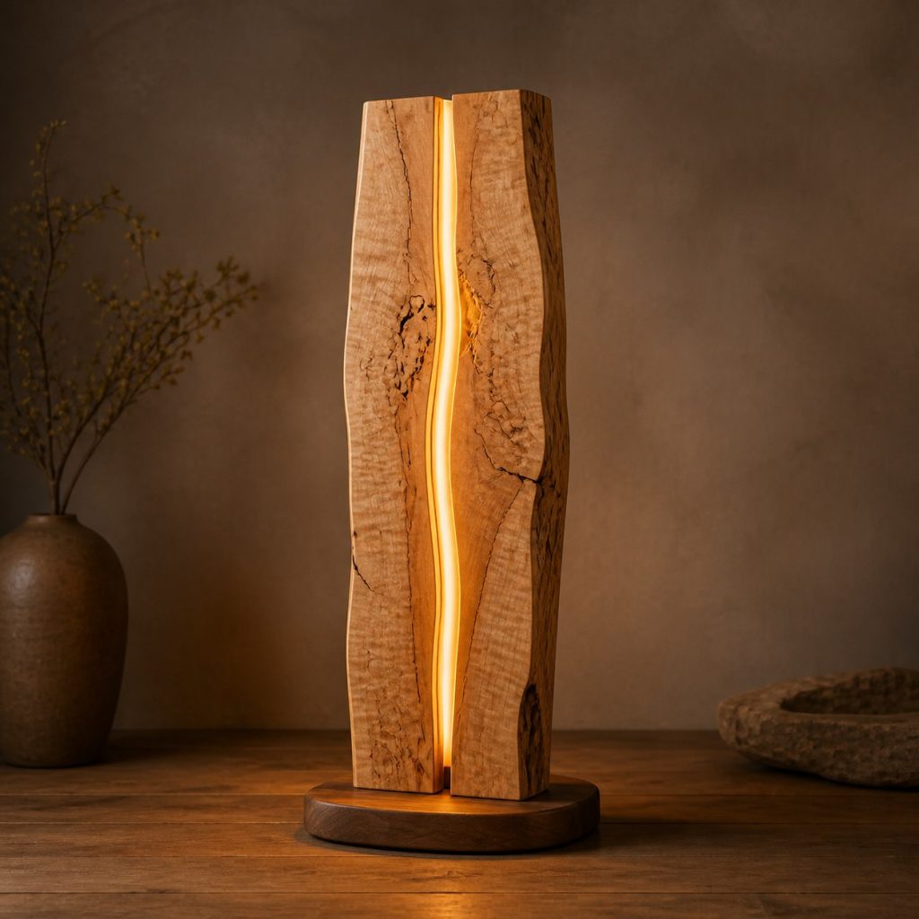 Bookmatched Maple Twin-Slab Lamp shown as an original square photorealistic wood slab lamp dominated by real timber grain and warm diffused LED light