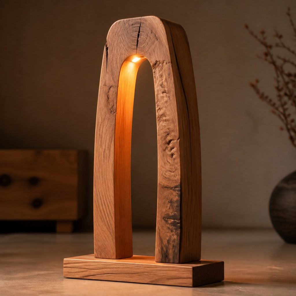 Cherry Slab Arch Lamp shown as an original square photorealistic wood slab lamp dominated by real timber grain and warm diffused LED light