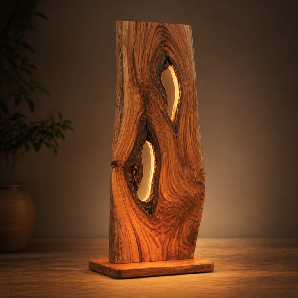 Olive-Wood Void Slab Lamp shown as an original square photorealistic wood slab lamp dominated by real timber grain and warm diffused LED light