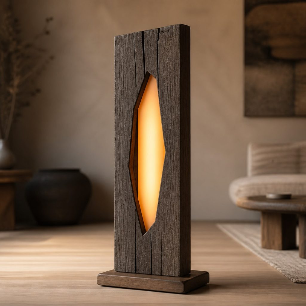 Dark-Ash Geometric-Cutout Lamp shown as an original square photorealistic wood slab lamp dominated by real timber grain and warm diffused LED light