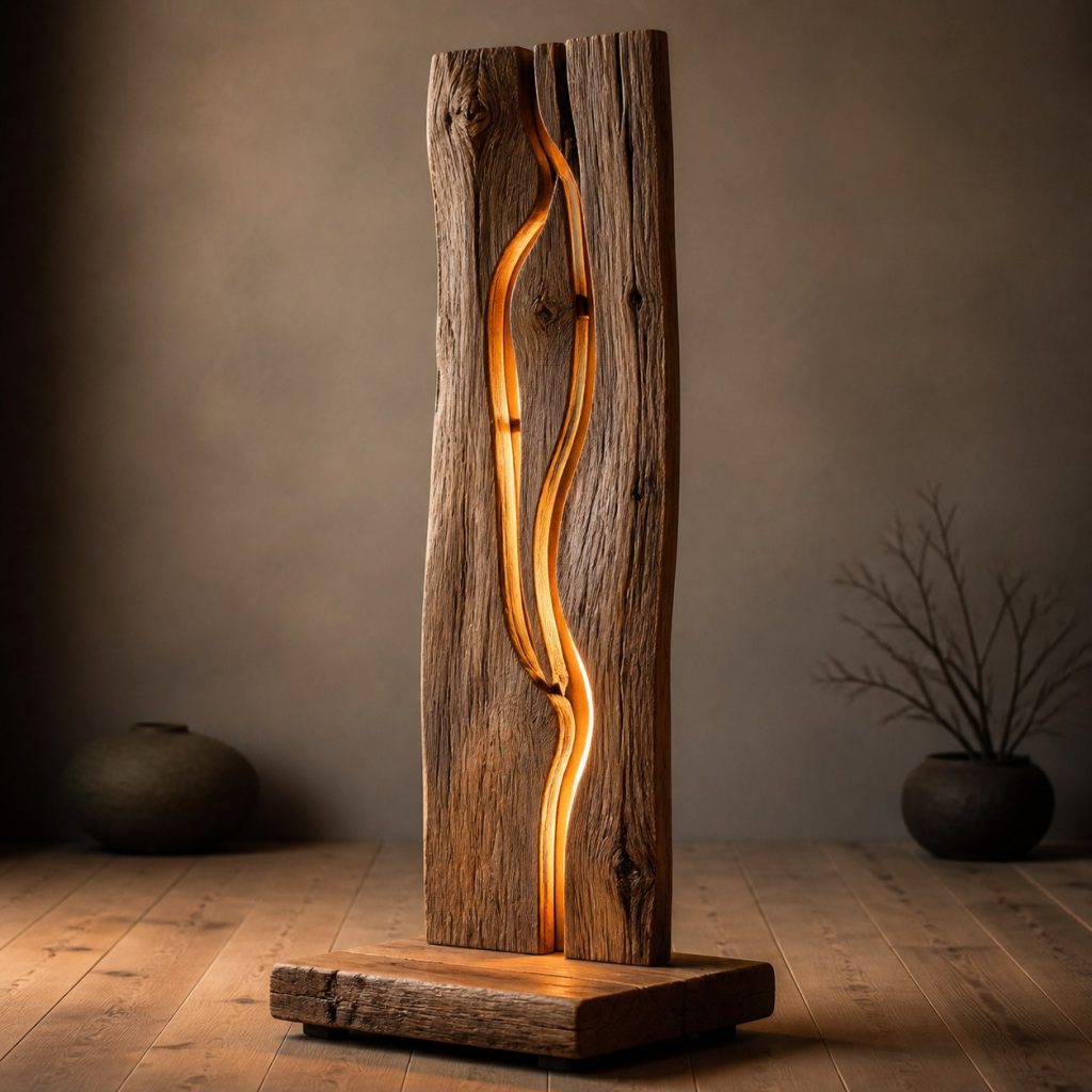 Reclaimed-Elm Routed-Light Slab shown as an original square photorealistic wood slab lamp dominated by real timber grain and warm diffused LED light