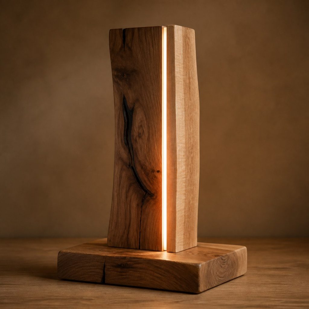 Two-Tone Joined-Slab Lamp shown as an original square photorealistic wood slab lamp dominated by real timber grain and warm diffused LED light