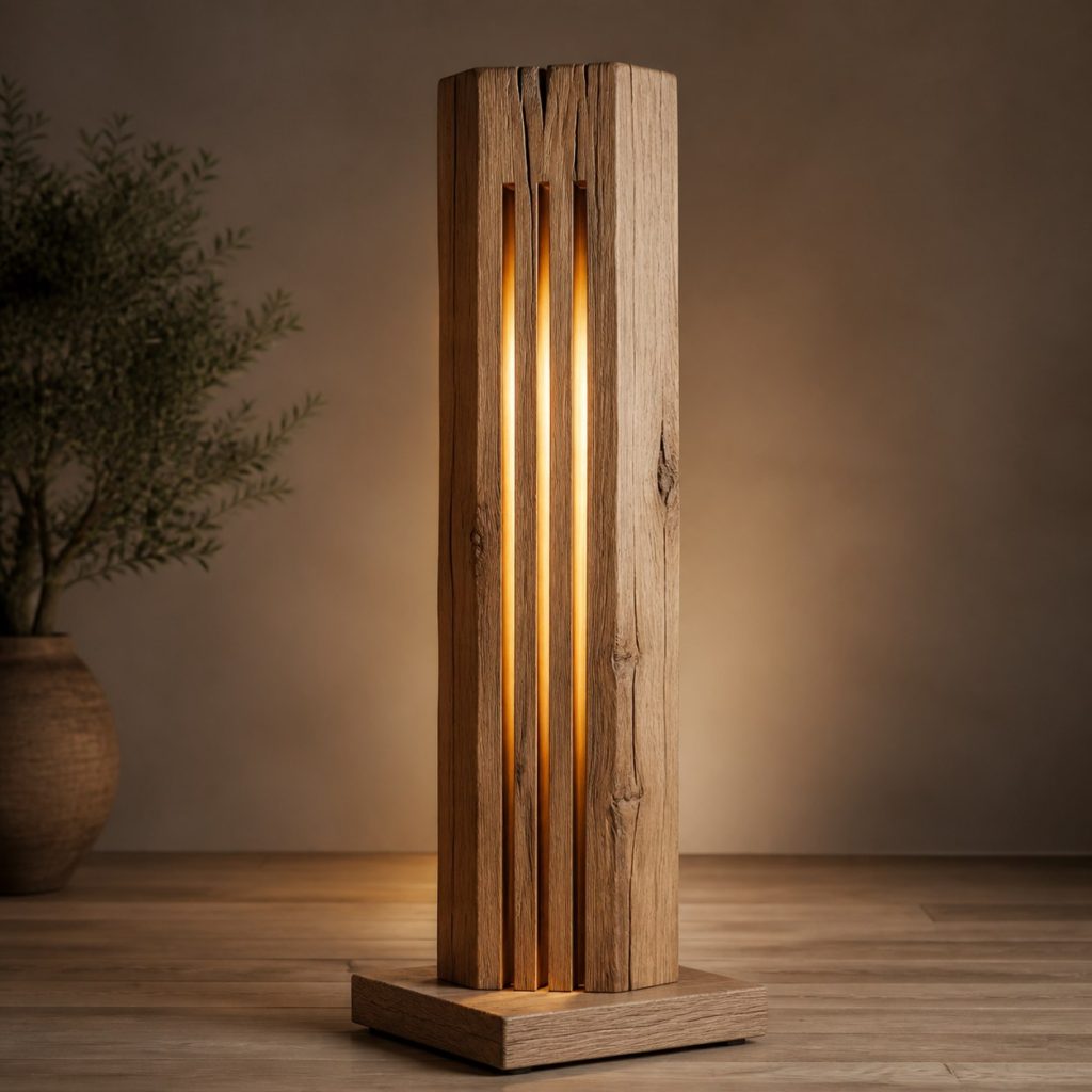 Slotted White-Oak Slab Lantern shown as an original square photorealistic wood slab lamp dominated by real timber grain and warm diffused LED light