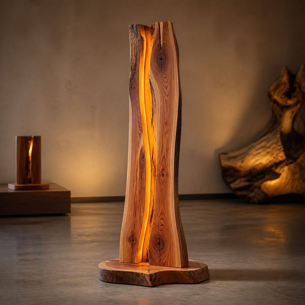 Sculpted Cedar Slab Floor Lamp shown as an original square photorealistic wood slab lamp dominated by real timber grain and warm diffused LED light