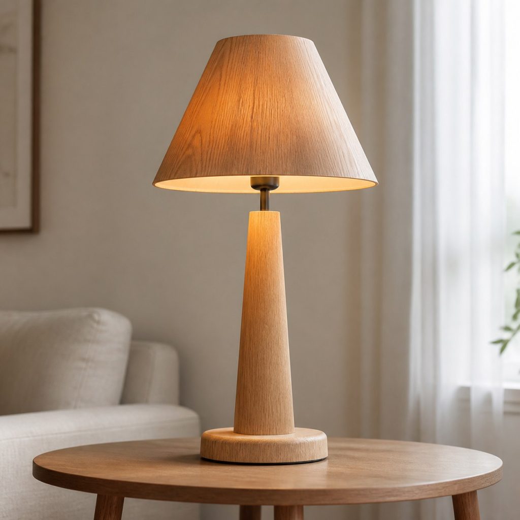 White-Oak Veneer Cone Lamp shown as an original square photorealistic wood veneer lamp with real wood grain, warm LED light, and physically plausible support