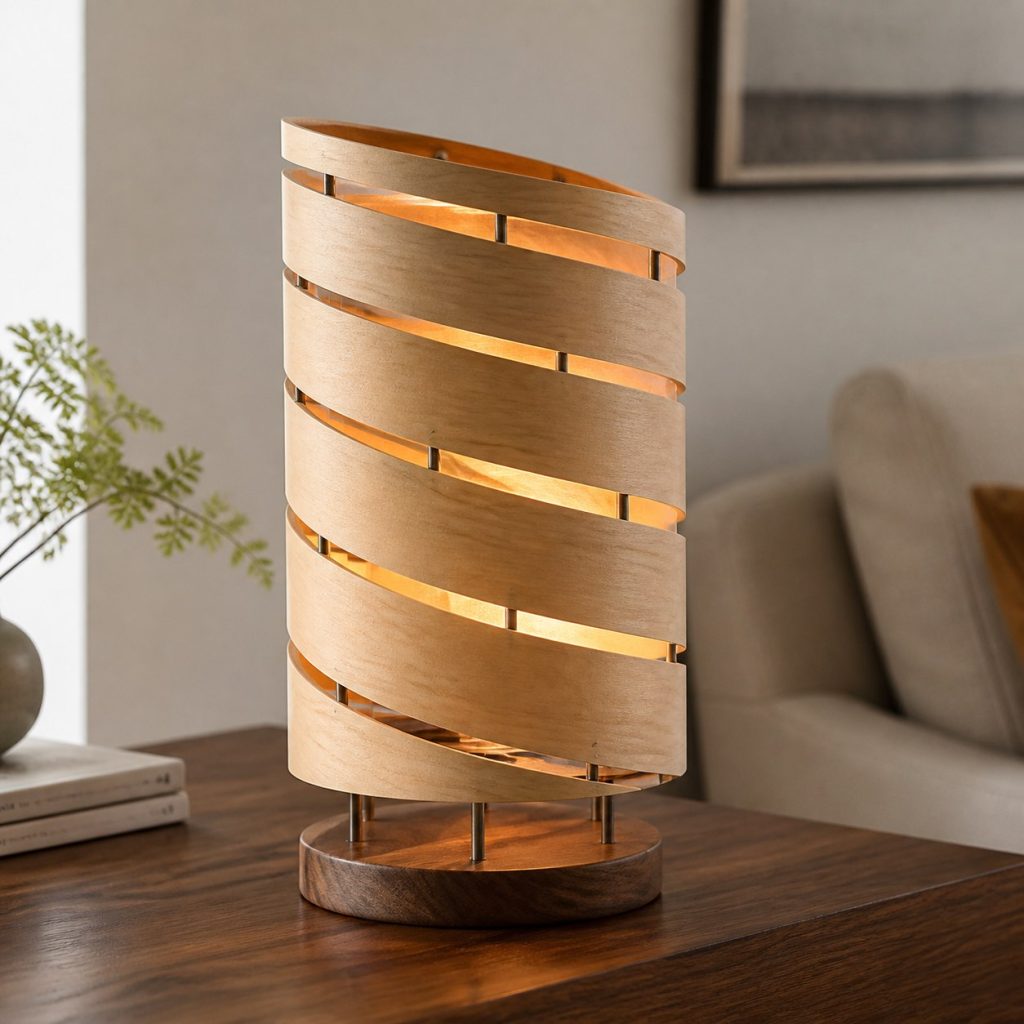 Maple Veneer Spiral Lamp shown as an original square photorealistic wood veneer lamp with real wood grain, warm LED light, and physically plausible support