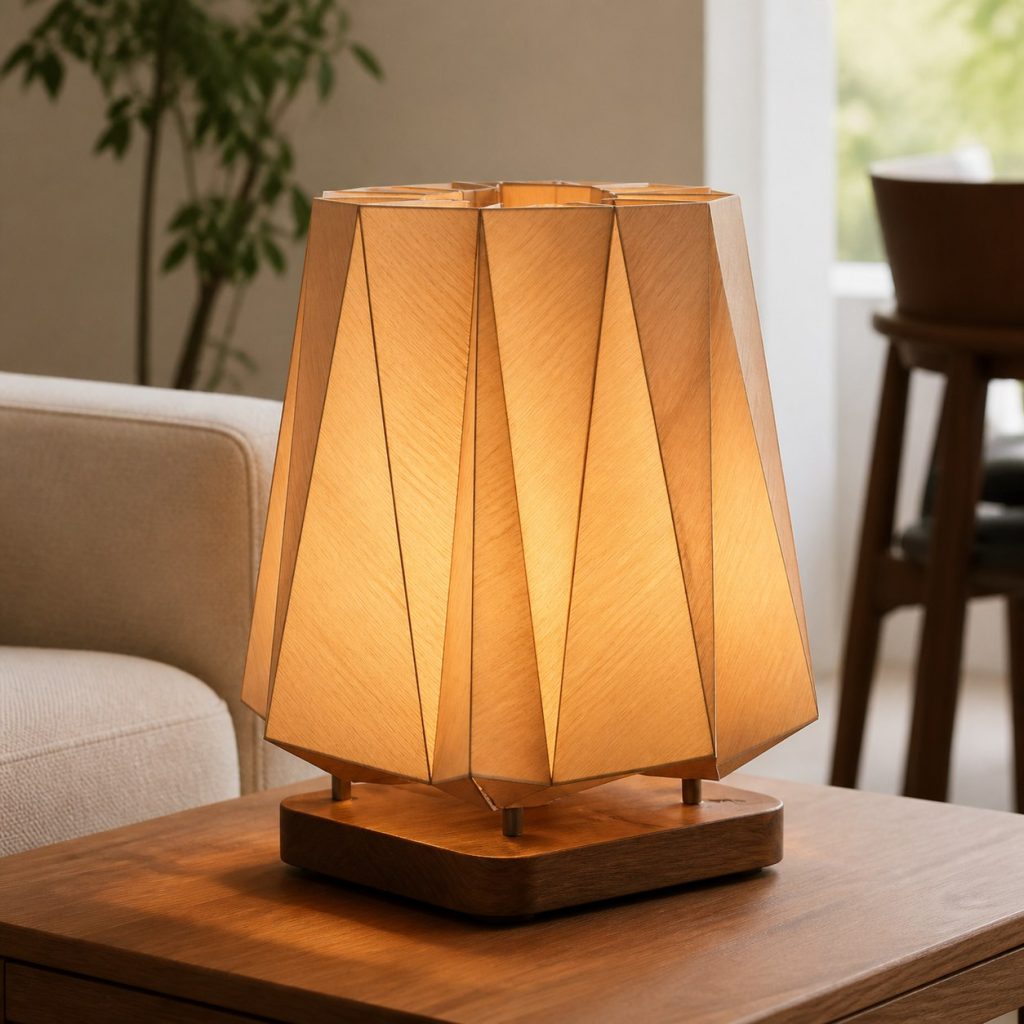 Birch Veneer Faceted Lantern shown as an original square photorealistic wood veneer lamp with real wood grain, warm LED light, and physically plausible support