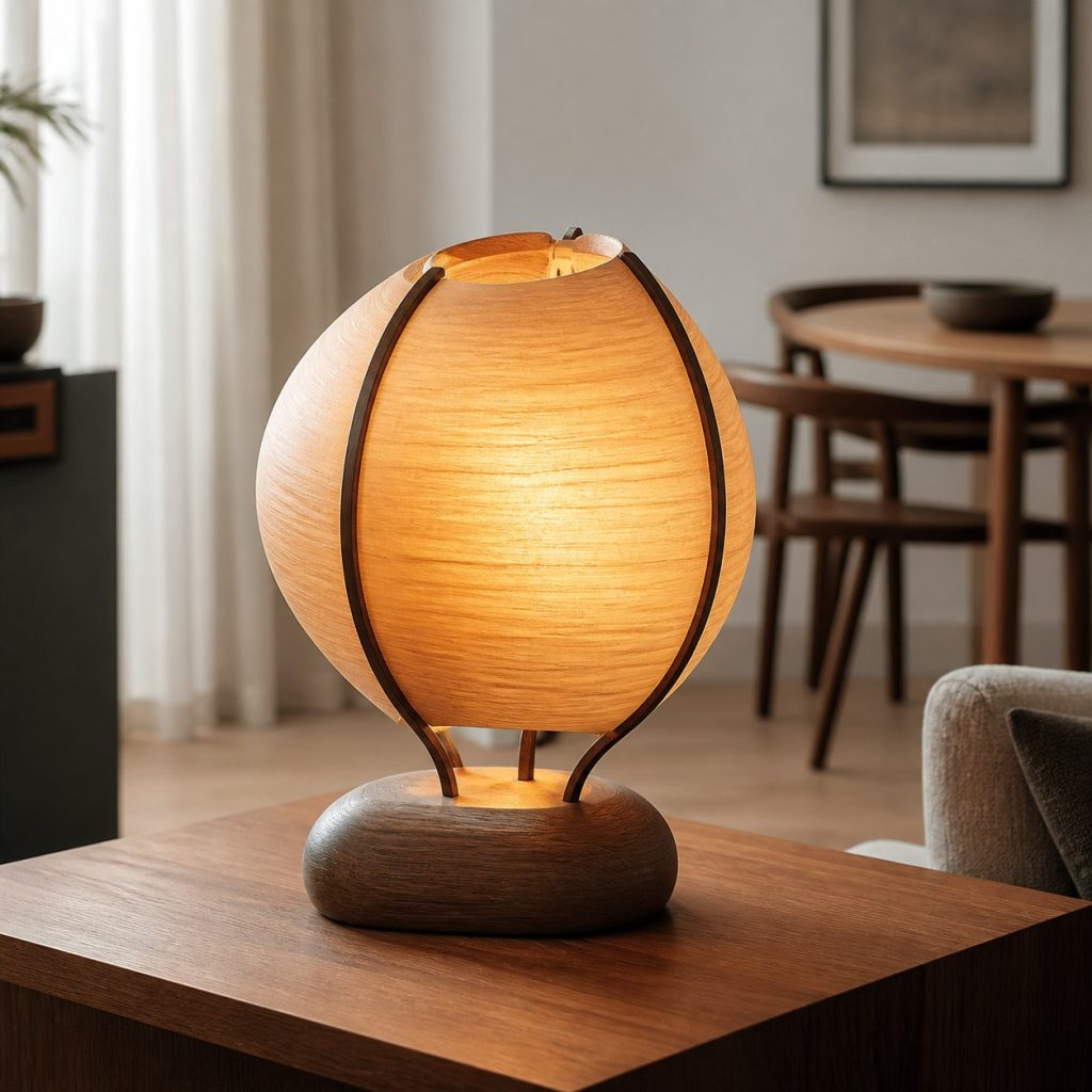 Cherry Veneer Oval Lamp shown as an original square photorealistic wood veneer lamp with real wood grain, warm LED light, and physically plausible support