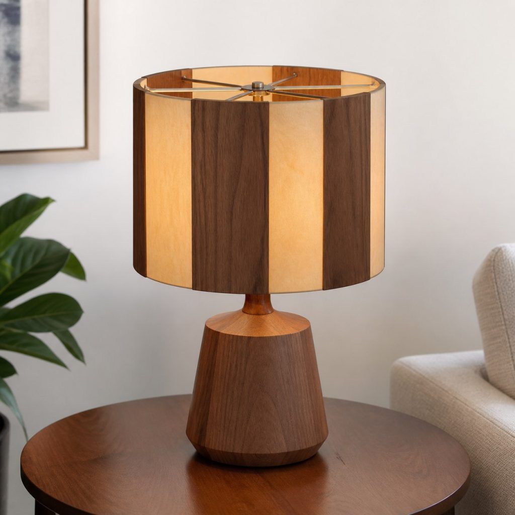 Two-Tone Veneer Drum Lamp shown as an original square photorealistic wood veneer lamp with real wood grain, warm LED light, and physically plausible support