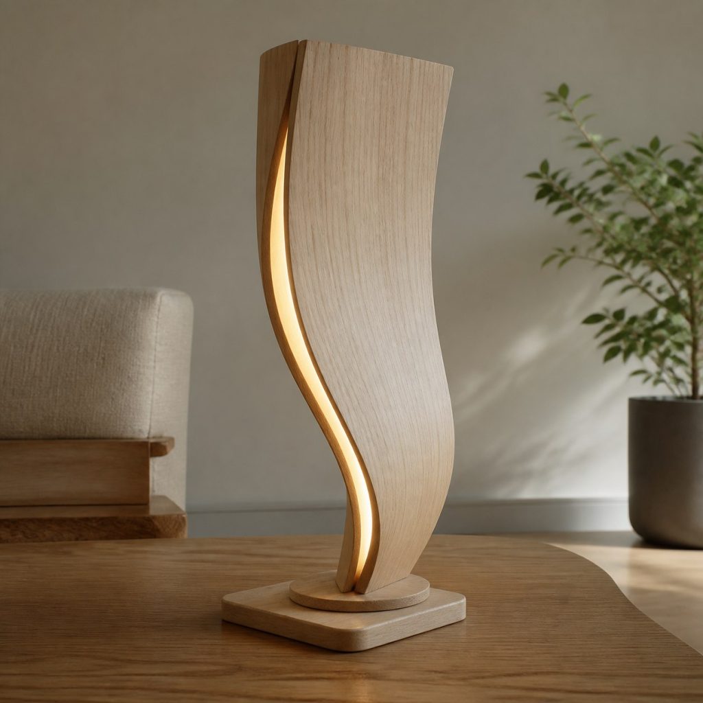 Ash Veneer Wave Lamp shown as an original square photorealistic wood veneer lamp with real wood grain, warm LED light, and physically plausible support