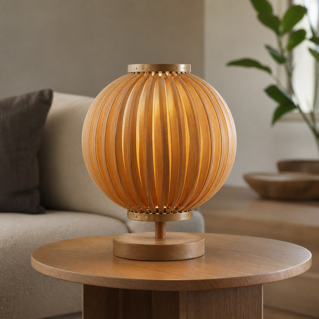 Oak Veneer Globe-Rib Lamp shown as an original square photorealistic wood veneer lamp with real wood grain, warm LED light, and physically plausible support