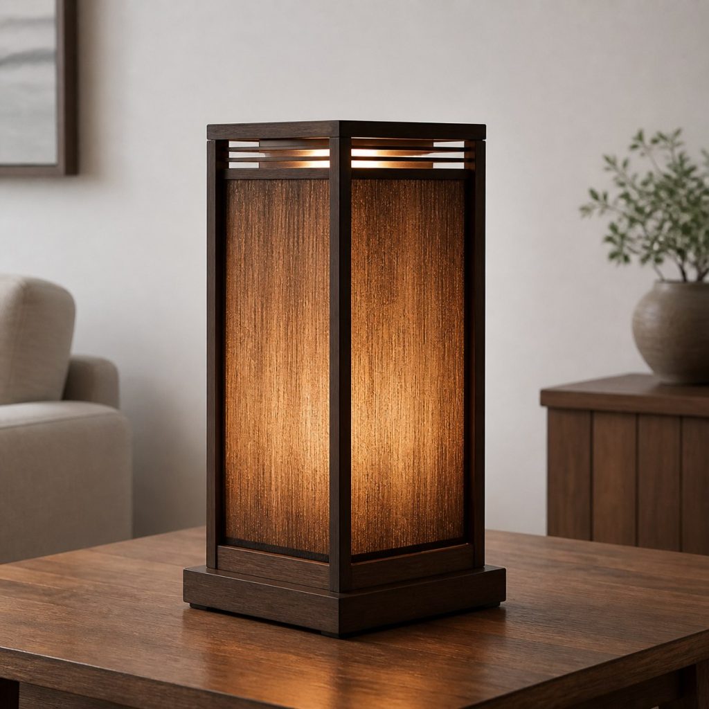 Dark-Walnut Veneer Lantern shown as an original square photorealistic wood veneer lamp with real wood grain, warm LED light, and physically plausible support