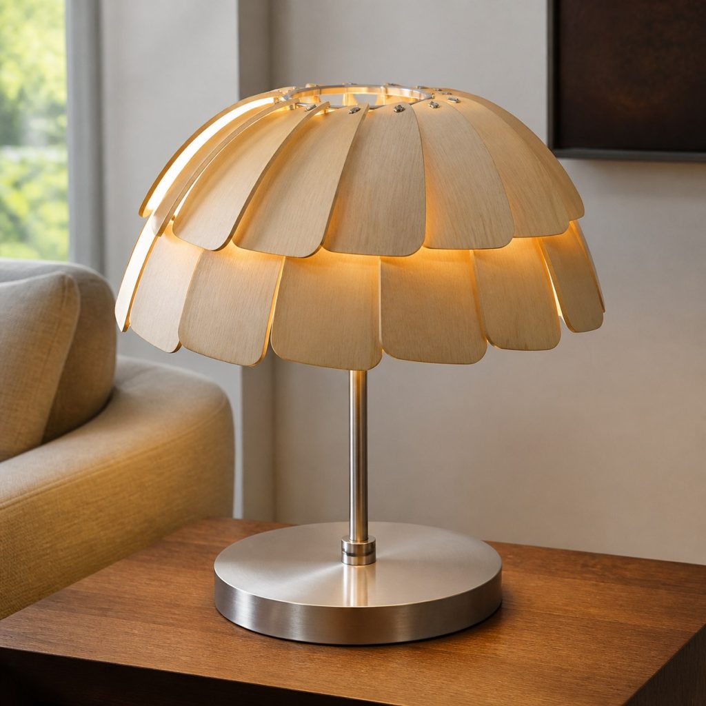 Pale-Birch Veneer Dome Lamp shown as an original square photorealistic wood veneer lamp with real wood grain, warm LED light, and physically plausible support