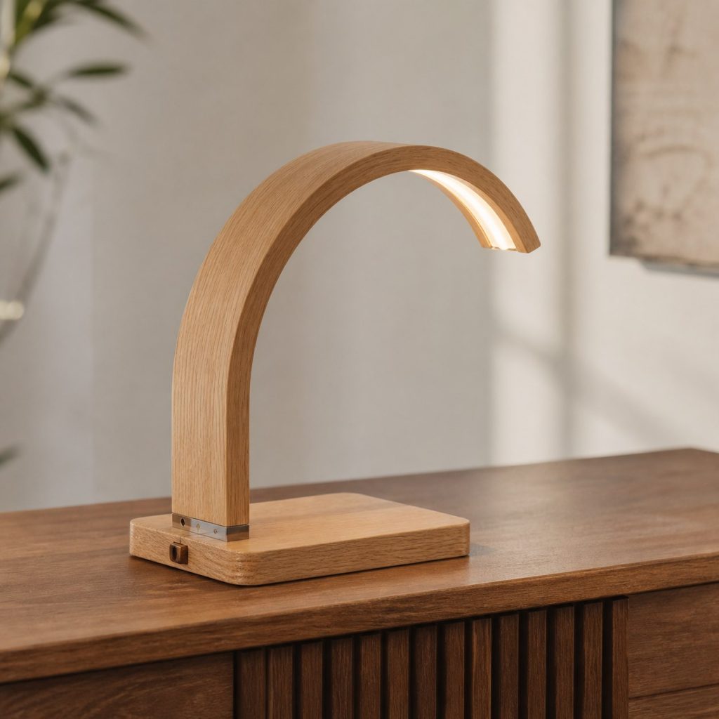 White-Oak Arch Accent Lamp shown as an original square photorealistic wooden accent lamp with real wood grain, warm LED light, and physically plausible support